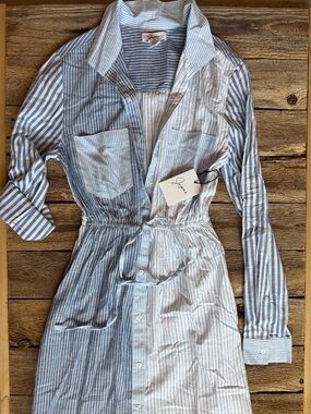 Striped Blue/White Dress with Drawstring Waist